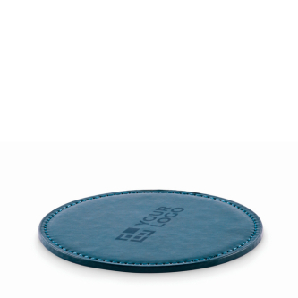 Branded, round synthetic leather coaster