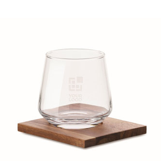 Short glass tumbler, whisky, acacia wood coaster