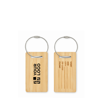 Bamboo luggage tag with stainless steel cable