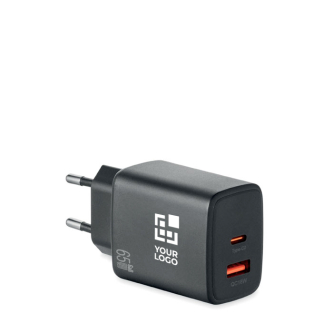 EU wall charger with USB-A and USB-C fast charging ports 65W