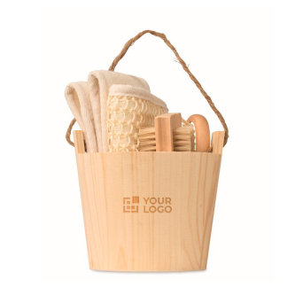 Bath set in a wooden bucket with body care accessories