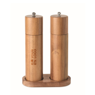 Acacia wood salt and pepper grinder set with stand