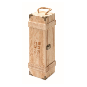 Reinforced wooden box with cord handle for a bottle of wine