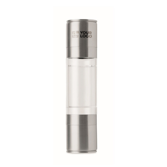 Stainless steel and acrylic salt and pepper mill with double lid