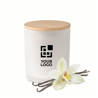 Candle in coloured glass with bamboo lid for promotions