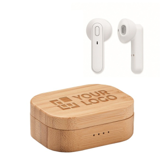 2 Bluetooth earphones TWS 5.0, 3hrs playback, bamboo case