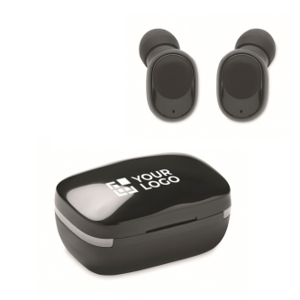 Black wireless Bluetooth earphones in charging case