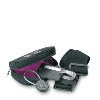 Travel set with luggage tag, luggage belt and lock