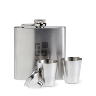Set of hip flask, 2 shot glasses and funnel