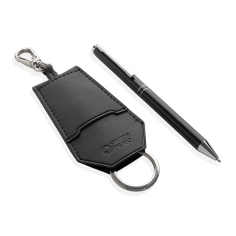 Pen and keyring gift set in synthetic leather and aluminium, blue ink