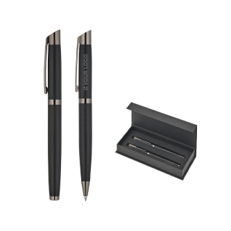 Writing set with ballpoint pen and rollerball in matte aluminium, blue ink