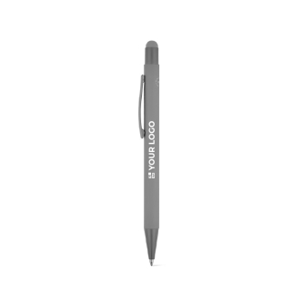 Recycled aluminium pen with stylus tip and rubber finish, blue ink