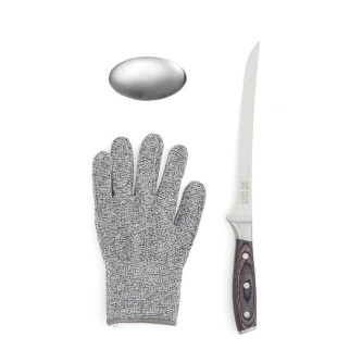 Steel knife set with glove and metal soap