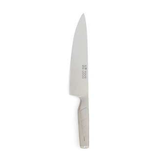 Curved Japanese steel kitchen knife with wide blade