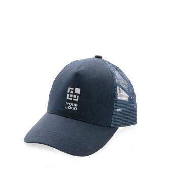 Sustainable, branded cotton trucker cap with mesh panel