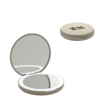 Recycled plastic pocket mirror, magnification, LED light