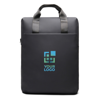 Recycled backpack, front pocket, travel strap, 16"