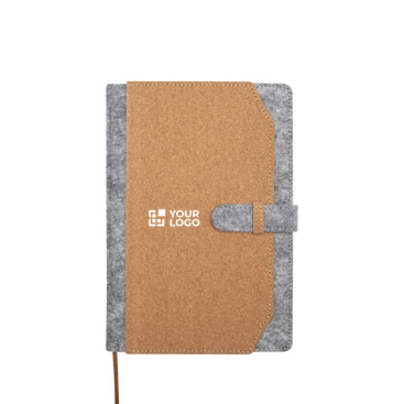 Notebook made of recycled felt and cork with pockets, A5, ruled pages