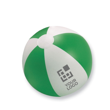 Inflatable beach ball with coloured stripes, branded with logo