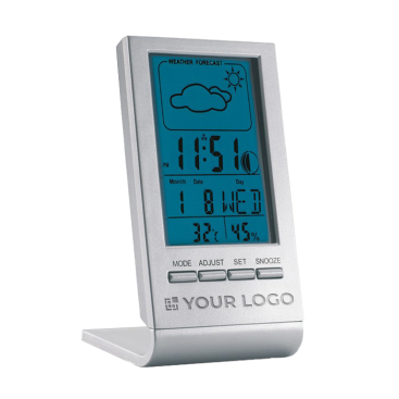 Branded weather station with blue LCD display for printing