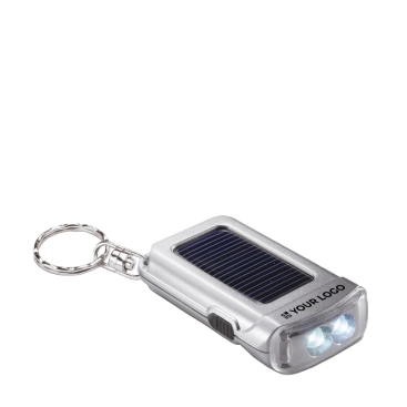 Solar powered branded torch with keyring in matte silver