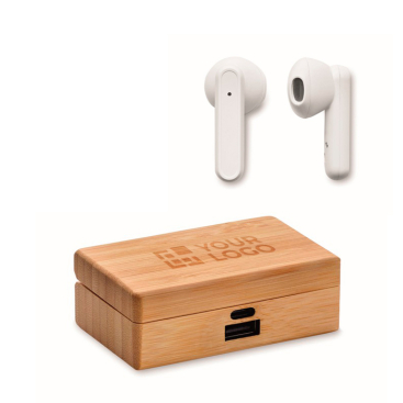 Wireless earphones with microphone in a bamboo case