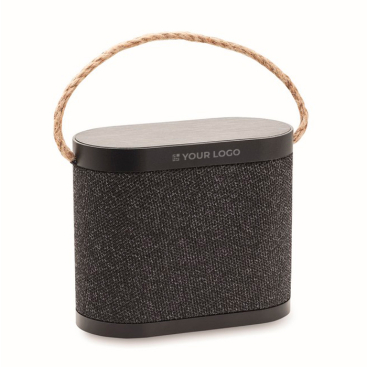 Black wireless speaker with jute carry handle, 15W