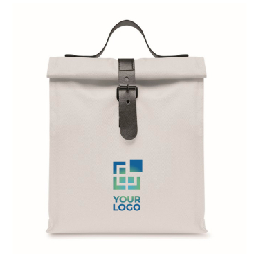 Polyester roll-top cooler bag with handle and leather closure