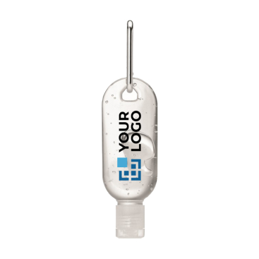 Branded hand sanitiser with hinged lid and carabiner, 30 ml