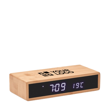 LED table clock with wireless phone charging, bamboo housing