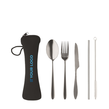 Stainless steel cutlery set in neoprene sleeve, printed
