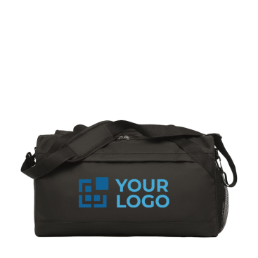 Branded duffle bag made of recycled plastic in black and blue