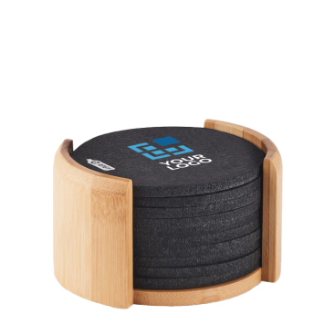 Set of 10 round RPET felt printed coasters in bamboo holder