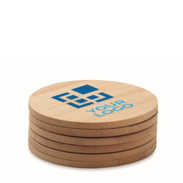 6 round bamboo coasters in a cotton bag, both printable