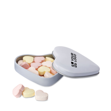 Small branded heart-shaped metal tin with heart-shaped sweets