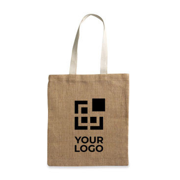 Affordable jute bag with cotton handles, printed with a logo