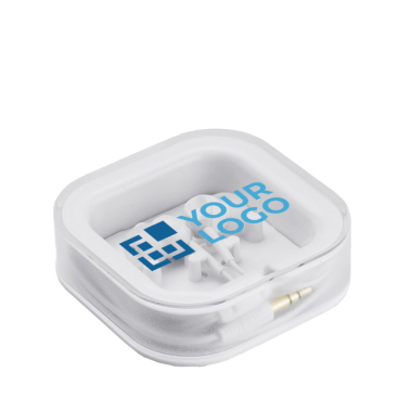 Earphones with silicone cable in box with logo printed