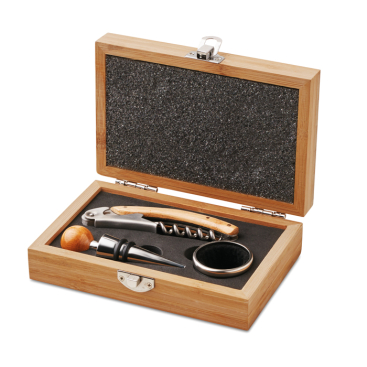 Elegant, 3 piece wine set in bamboo box, printed for gifting