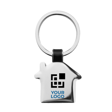 Elegant, shiny nickel keyring, house-shaped, with your logo