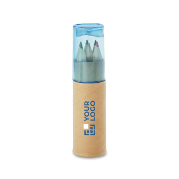 6 coloured pencils in a box with logo and sharpener in the lid