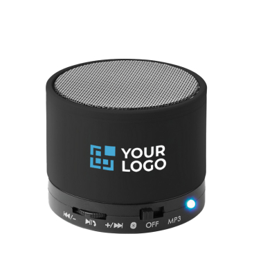 Branded round Bluetooth speaker with coloured LEDs