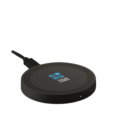 Round inductive charging station with light display and logo