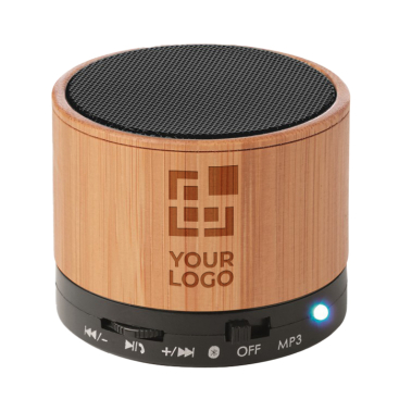 Branded round wooden Bluetooth speaker