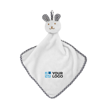 Cute and comfy bunny blanket for babies, printed with a logo