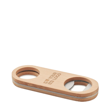 Bottle opener with steel and bamboo, branded for promotions