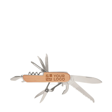 Branded pocket knife, stainless steel & bamboo, 9 functions