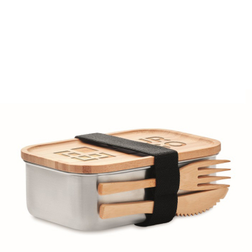 Promotional steel lunch box with lid and bamboo cutlery, 600 ml