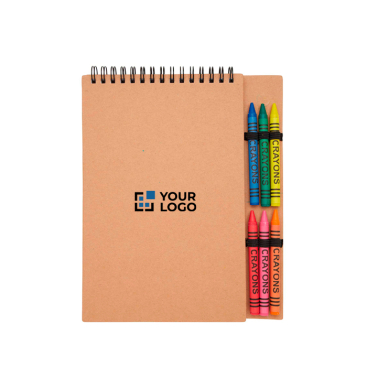 Spiral notebook with soft cover and built-in crayons
