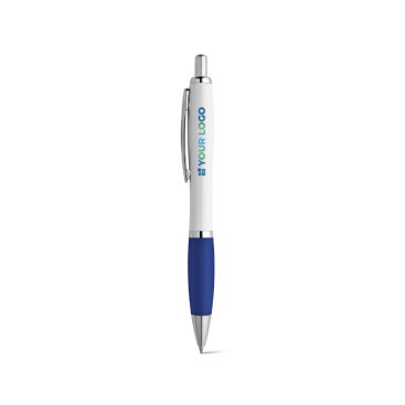 Branded ballpoint pen, white barrel, rubber grip
