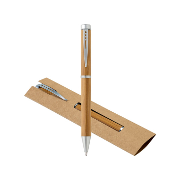 Bamboo pen with twist mechanism and metal clip, blue ink